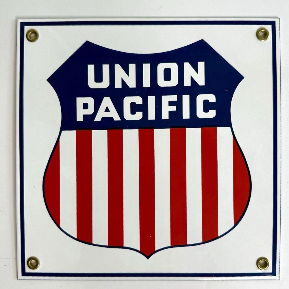Union Pacific Railroad Shield RWB Porcelain Enamel Reproduction Train Sign 8"x8"